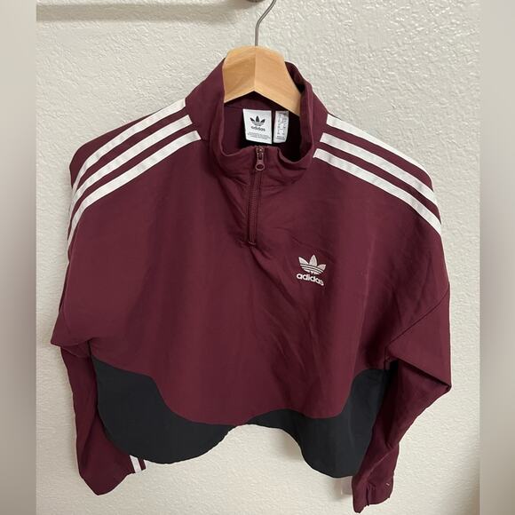Adidas Colorblock Quarter Zip Windbreaker Pullover Jacket Burgundy/Black Small - Picture 5 of 7
